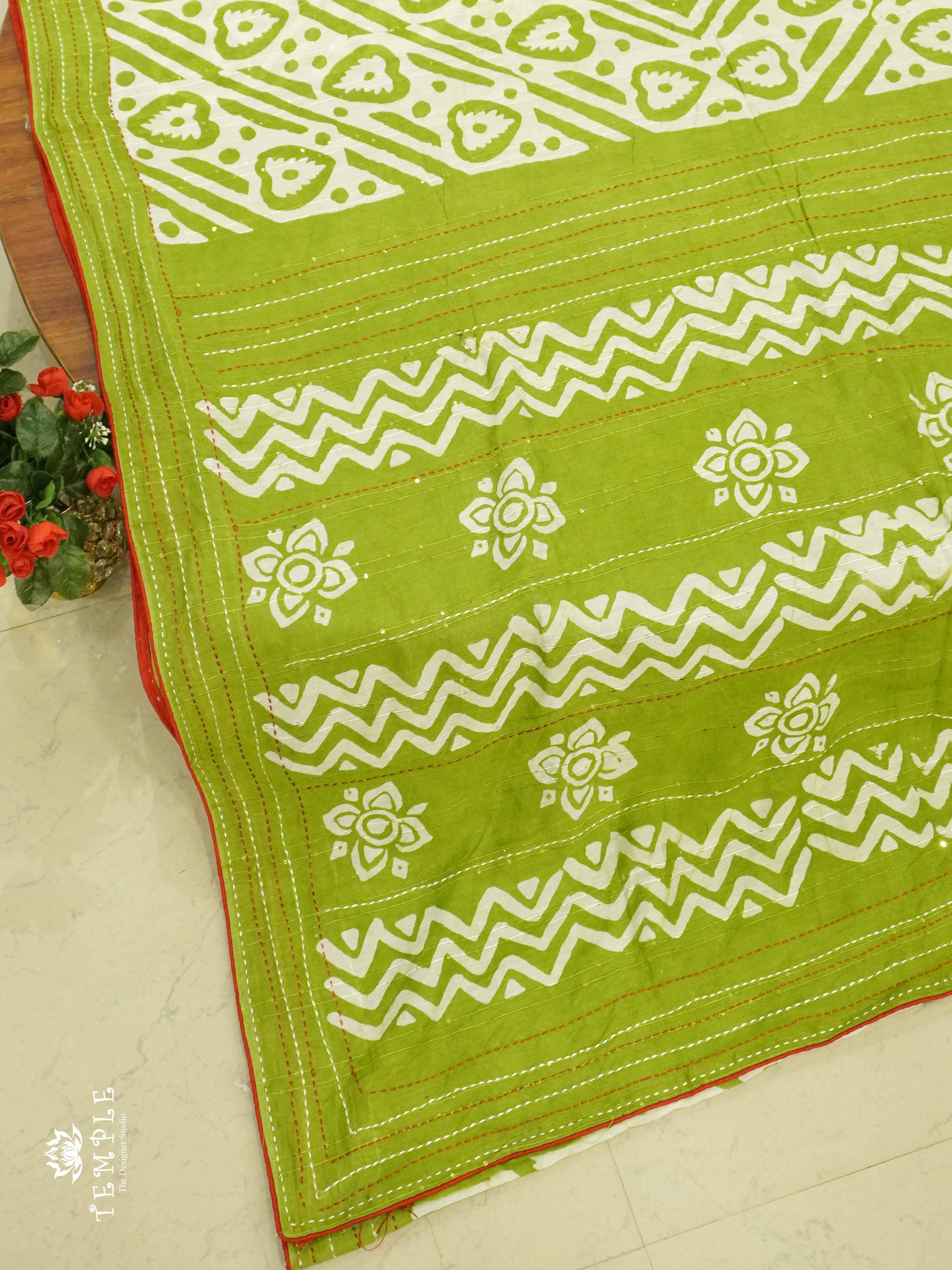 Batik Printed Saree With Kantha Work(Parrot Green) | TTDS1331 | Sparkling Deals