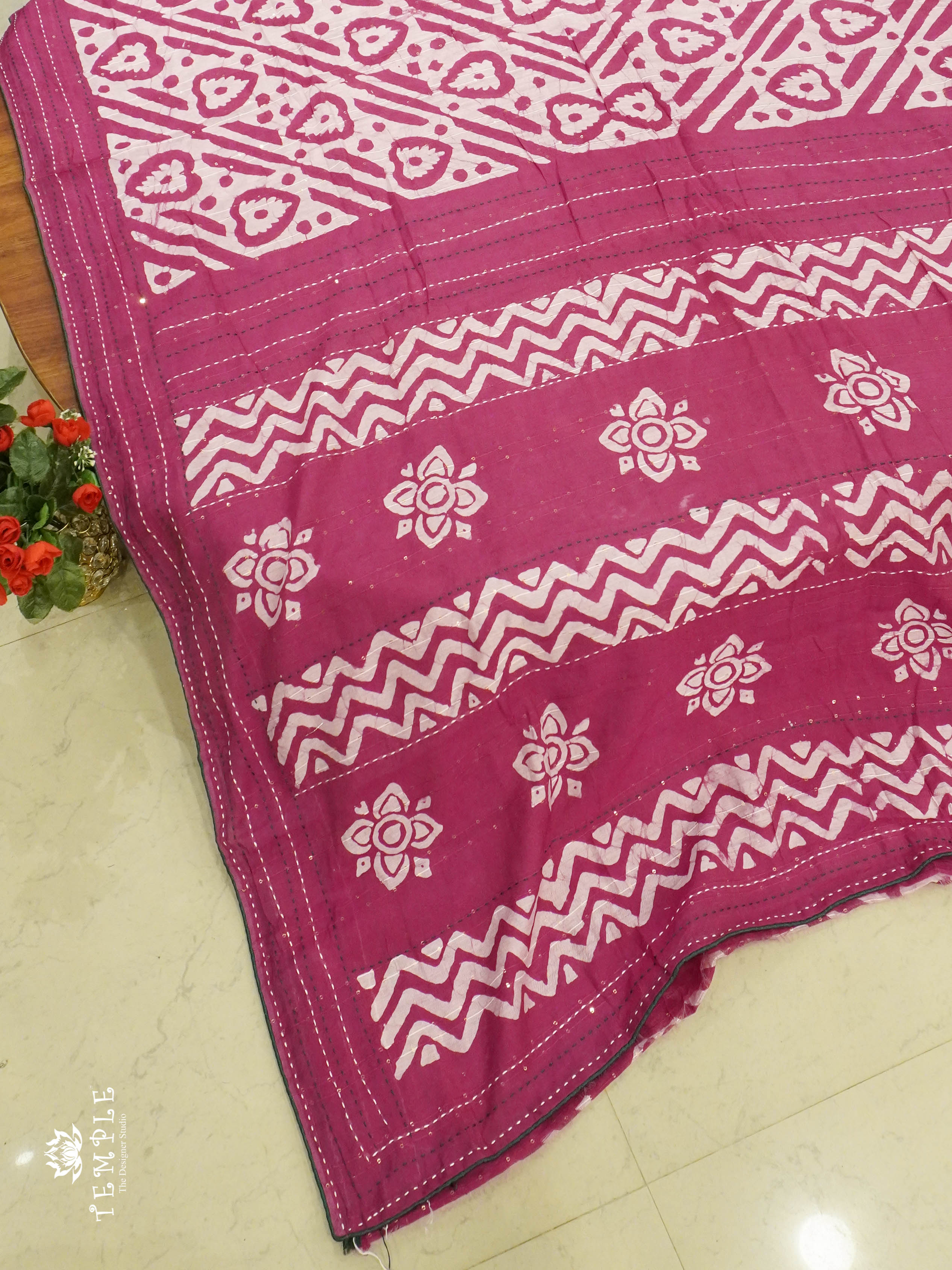 Batik Printed Saree With Kantha Work(Pink) | TTDS1331 | Sparkling Deals