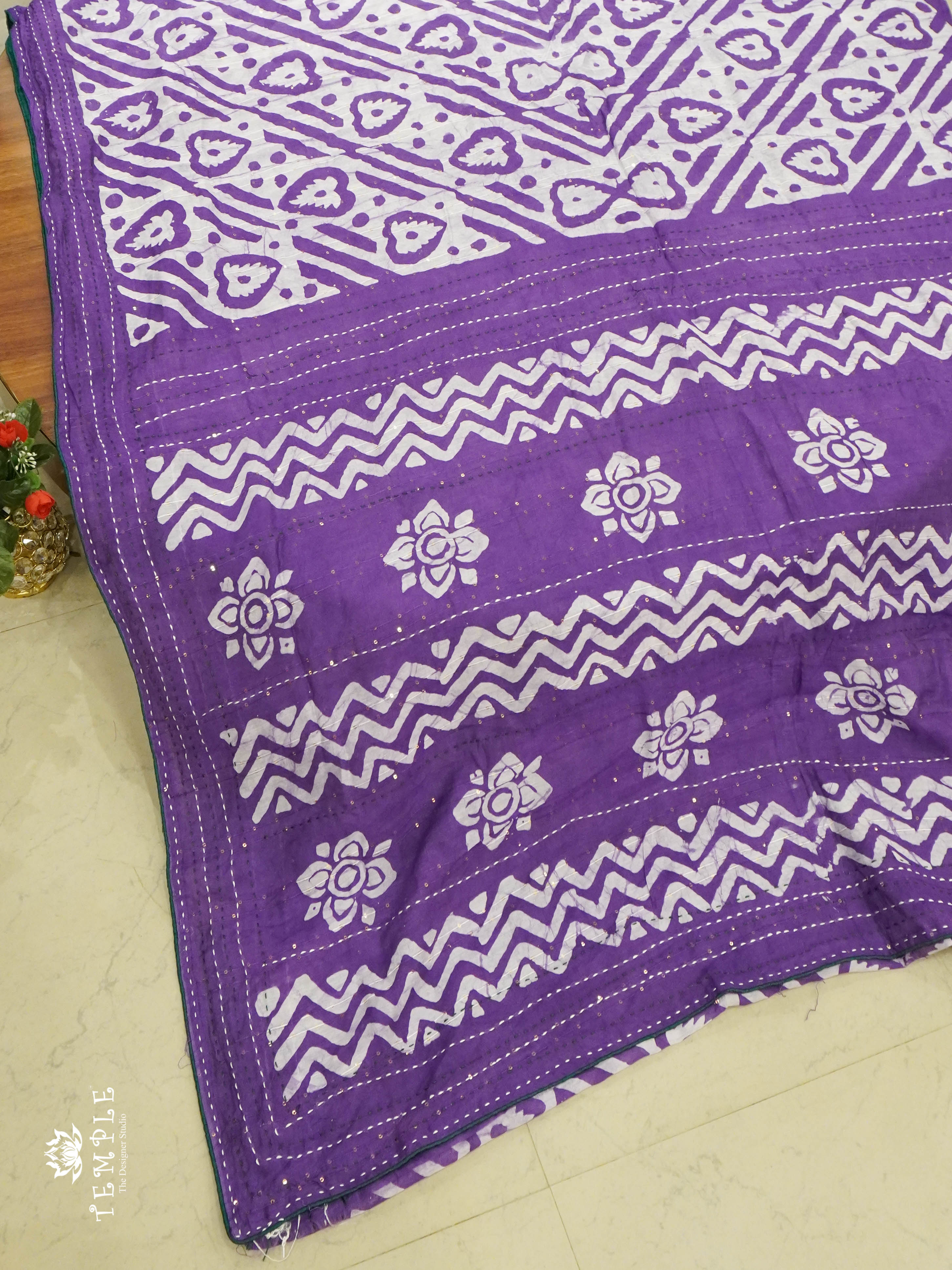 Batik Printed Saree With Kantha Work(Violet) | TTDS1331 | Sparkling Deals