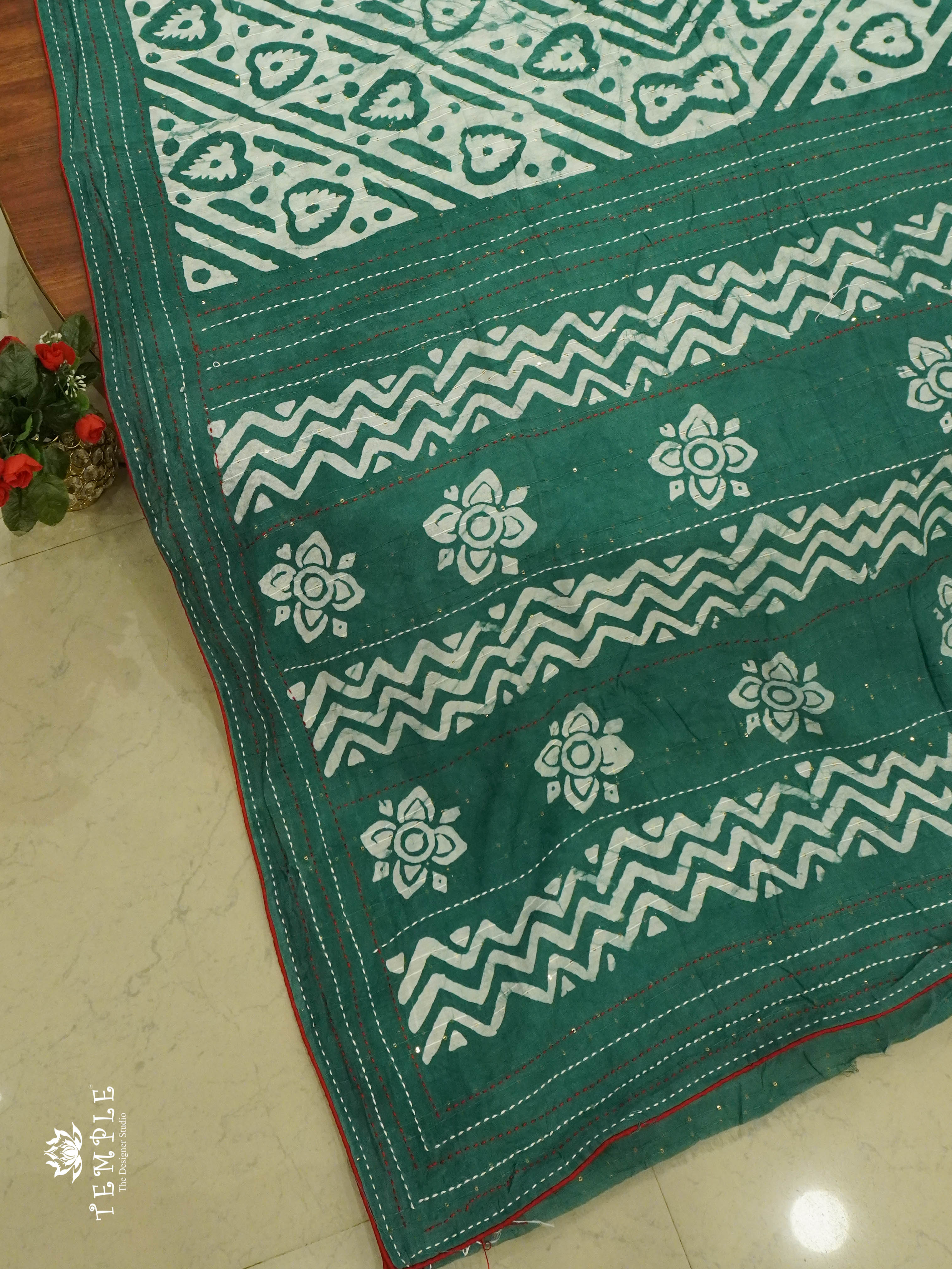 Batik Printed Saree With Kantha Work(Green) | TTDS1331 | Sparkling Deals