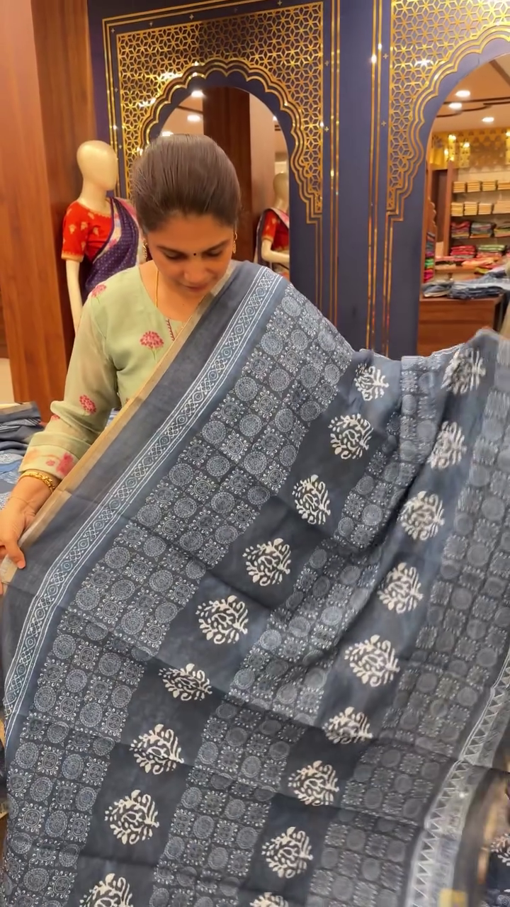 Linen Indigo Cotton Saree | TTDS2654