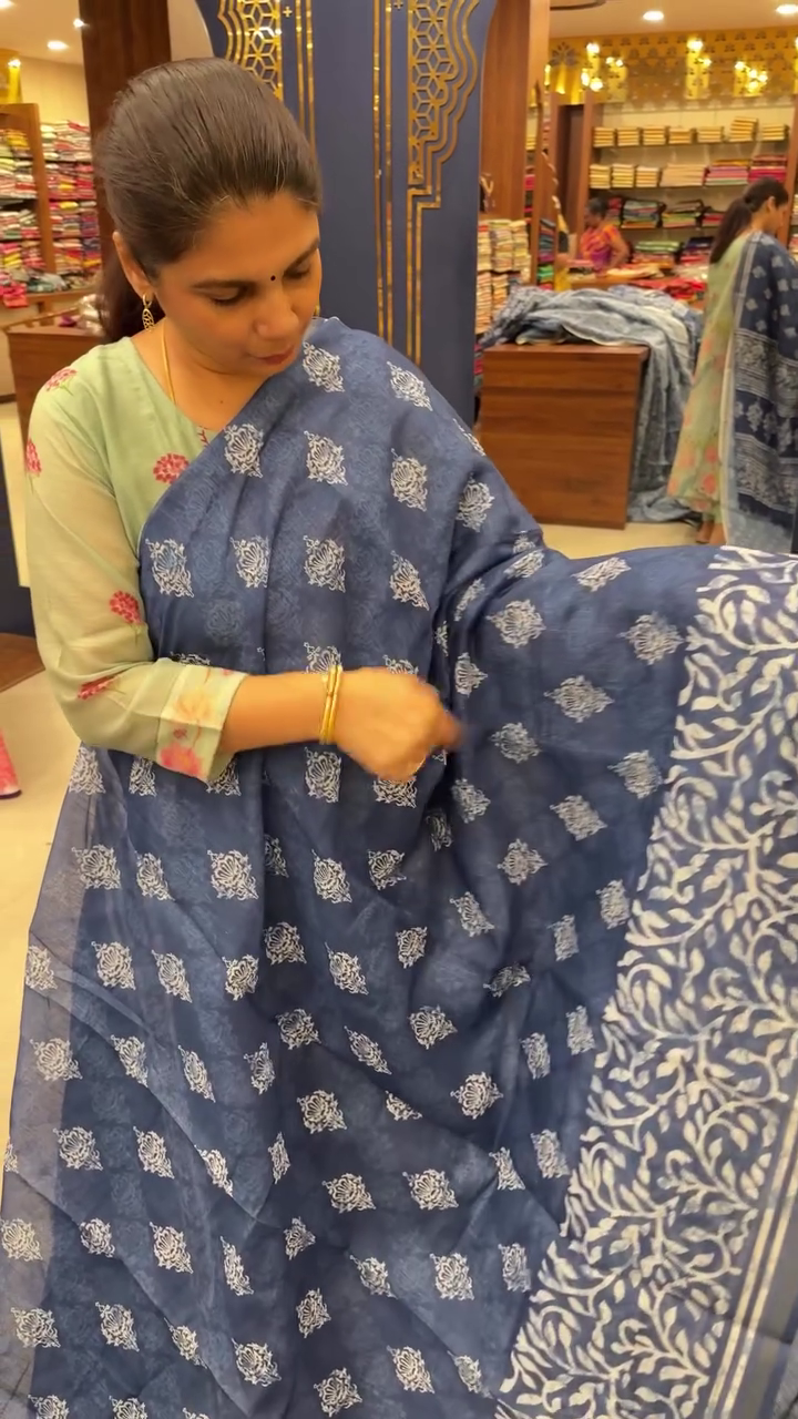 Linen Indigo Cotton Saree | TTDS2654