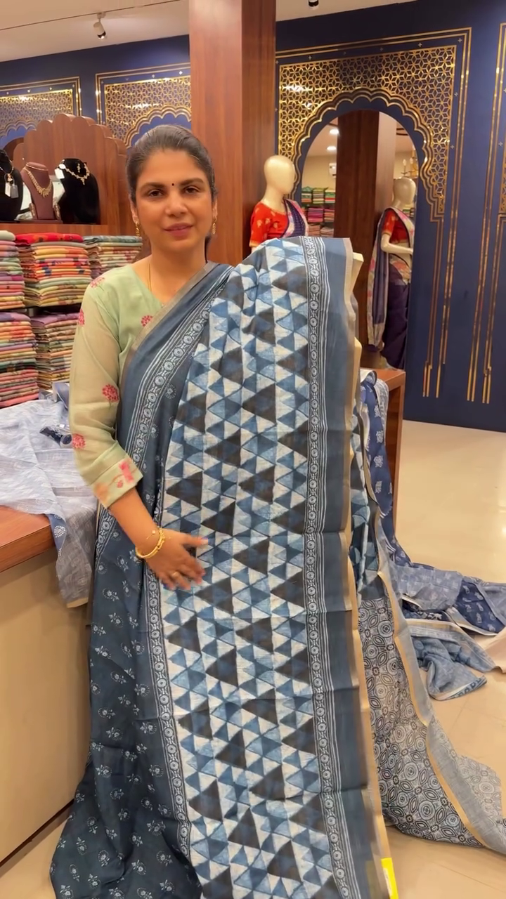 Linen Indigo Cotton Saree | TTDS2654